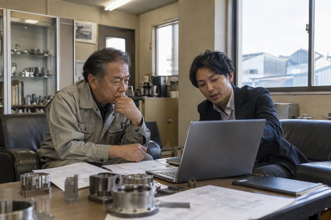 工場の応接で打ち合わせをする担当者と社長
