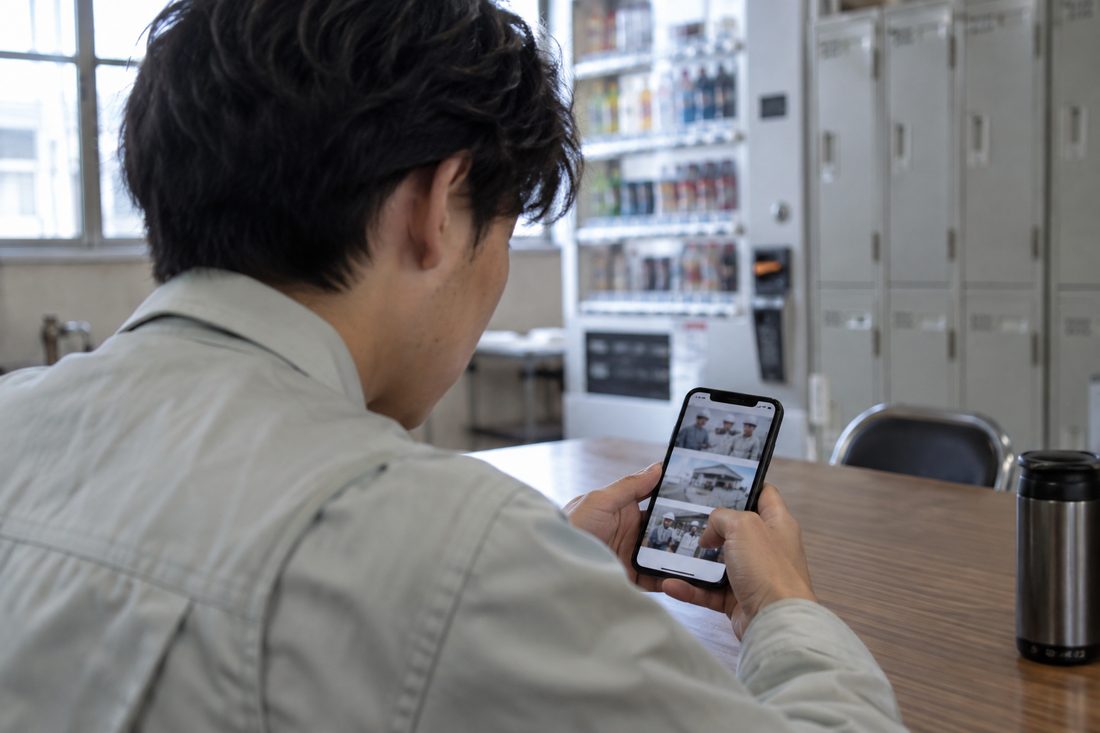 スマートフォンで求人ページを見る若手社員